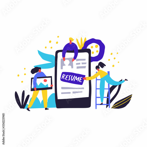 Online CV, resume hand drawn vector illustration. Unemployed people, applicants filling professional profile cartoon characters. Job searching platform, recruitment mobile application concept