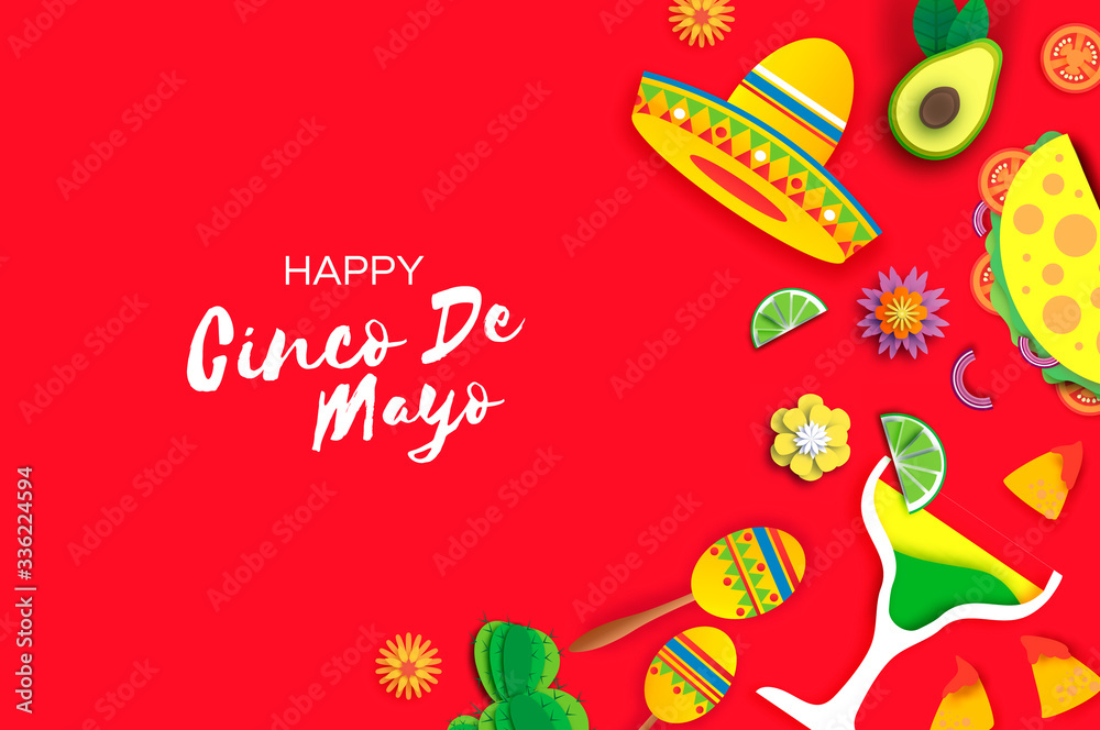 Happy Cinco de Mayo Banner. Sombrero hat, fan, tacos. Coctail and flowers in paper cut style. Mexico, Carnival. Circle frame. Space for text. Red background. Happy Cinco de Mayo Banner. Sombrero hat, fan, tacos. Coctail and flowers in paper cut style. Mexico, Carnival. Circle frame. Space for text. Red background.