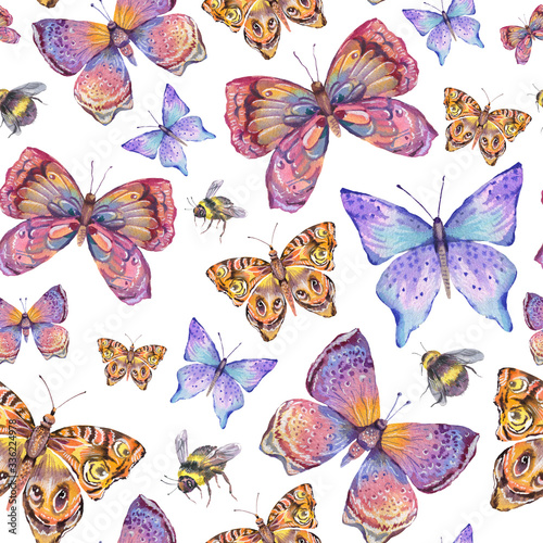 Watercolor summer natural colorful butterfly seamless pattern.