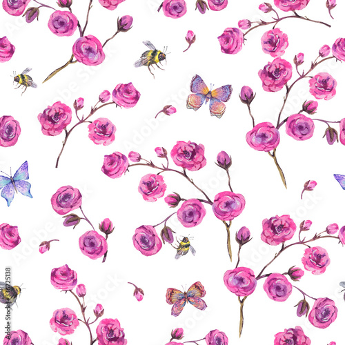Spring watercolor blooming pink tiny flowers seamless pattern