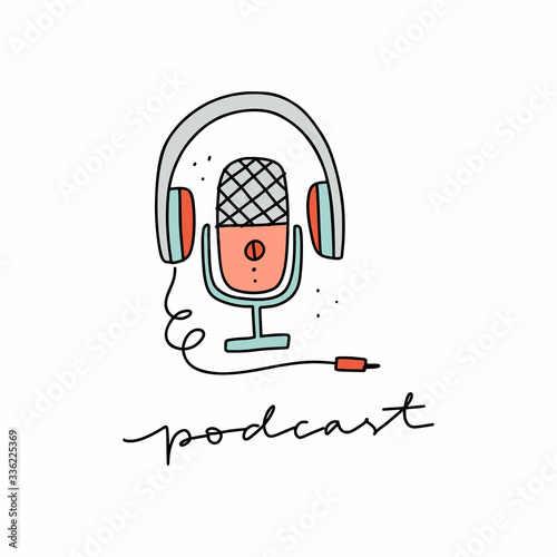 Media tools, earphones and mic doodle icon. Sound recording equipment, broadcasting facilities handdrawn vector illustration. Podcast studio items, microphone and headphones isolated color drawing