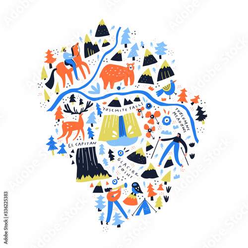 Yosemite national park map hand drawn illustration. Natural parkland cartoony ground plan with famous landmarks, local flora and fauna. Nature exploration, outdoor rest abstract concept