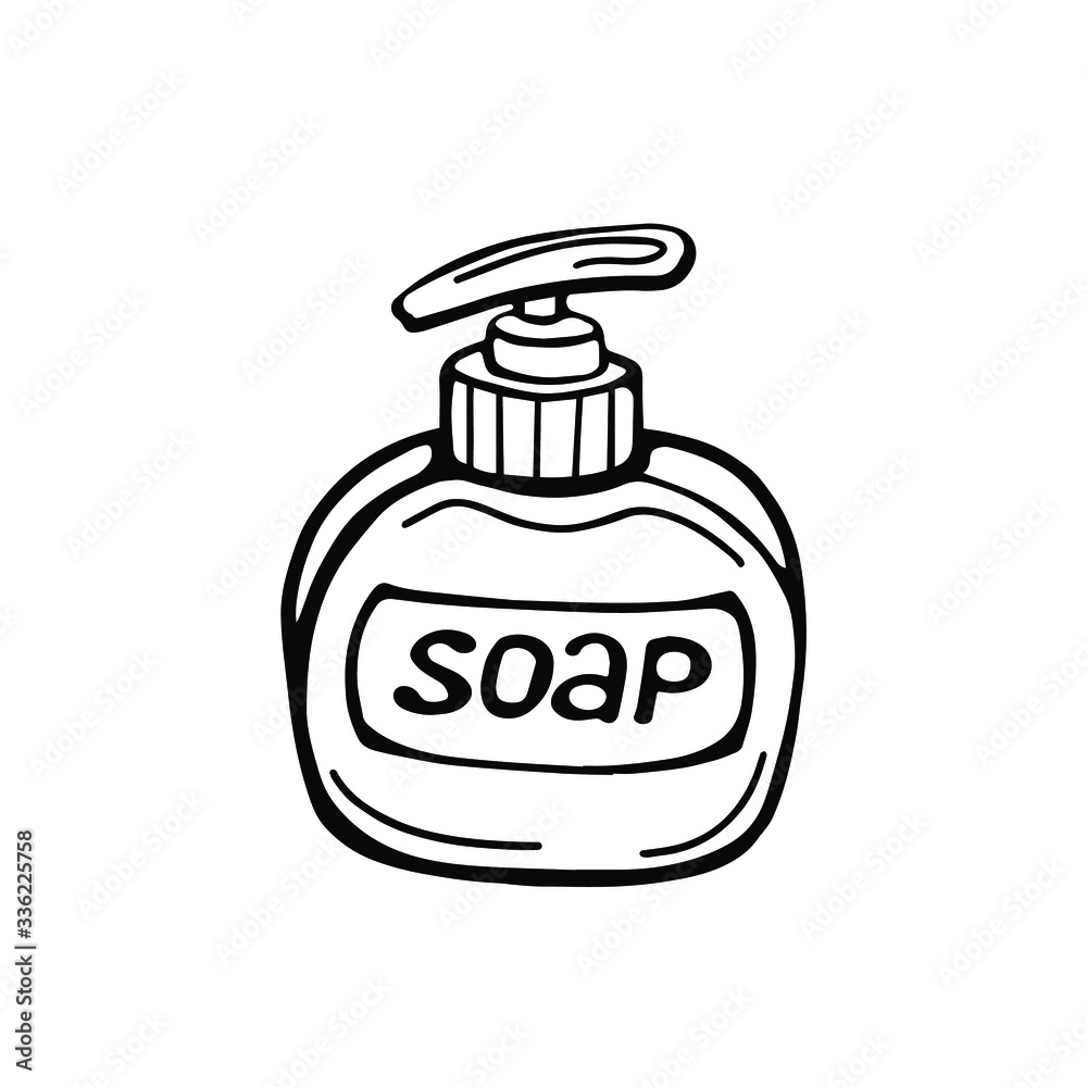 hand-drawn soap bottle isolated on a white background. Vector illustration in the Doodle style. Natural soap, toiletries.