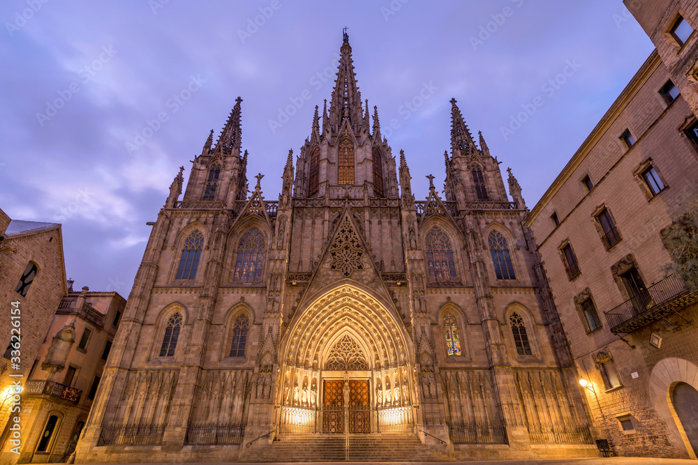 Barcelona Cathedral - A close-up wide-angle view of the neo-Gothic style facade of The Cathedral of the Holy Cross and Saint Eulalia, also known as Barcelona Cathedral, at dawn. Barcelona, Spain.