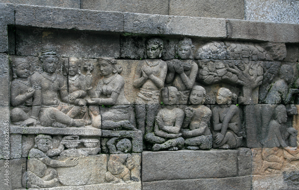 Detaild and reliefs in Borobodur, Mahayana Buddhist temple near Multilan town, Java island of Indonesia