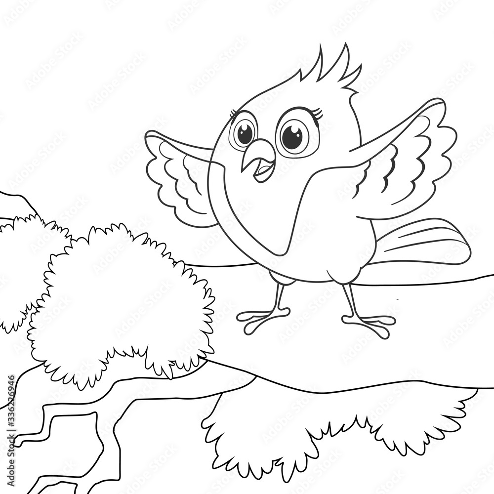 Coloring page outline of cartoon bird on branch. Page for coloring book of  funny birdie for kids. Activity colorless picture about cute animals.  Anti-stress page for child. Black and white vector. Stock