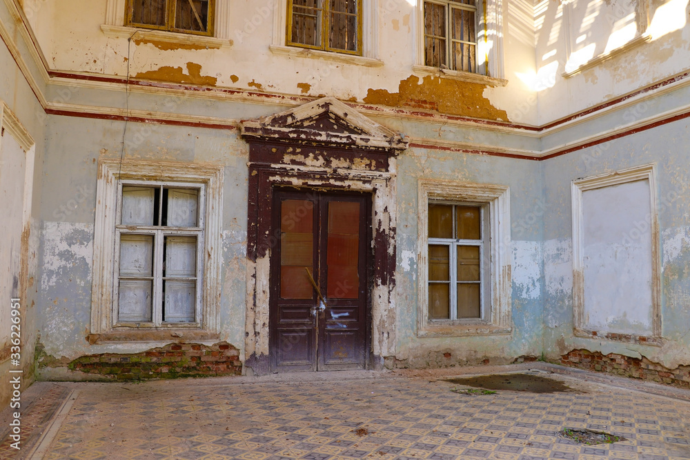 Floor view with old tiles, old building.