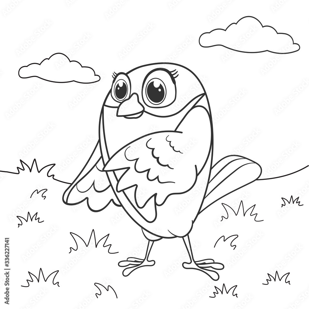 Coloring page outline of cartoon littel bird. Page for coloring book of birdie for kids. Activity colorless picture about cute animals. Anti-stress page for child. Black and white vector illustration