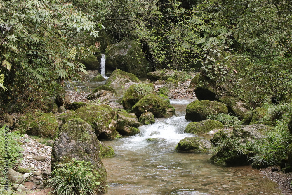 Beautiful landscape of cascade falls over mossy rocks, stones cover with moss, in a Mountain in Sichuan, China Beautiful landscape of cascade falls over mossy rocks, stones cover with moss, in a Mountain in Sichuan, China