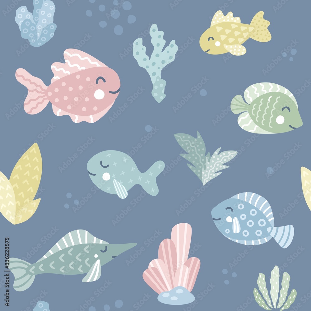 Sea life elements seamless pattern. Fishes on a blue background. Hand drawn doodle vector illustration. 