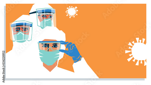 Medical staff wearing PPE, personal protective equipment to care for coronavirus covid-19 patients during pandemic. Poster template design with space for text.