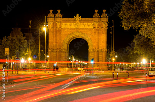 Arc de Triomf - A night view of busy streets at front of Arc de Triomf, a triumphal arch built for 1888 Barcelona Universal Exposition, in Barcelona, Catalonia, Spain.