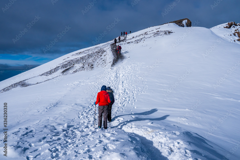 Φωτογραφία Group of trekkers hiking among snows and rocks of Kilimanjaro mountain