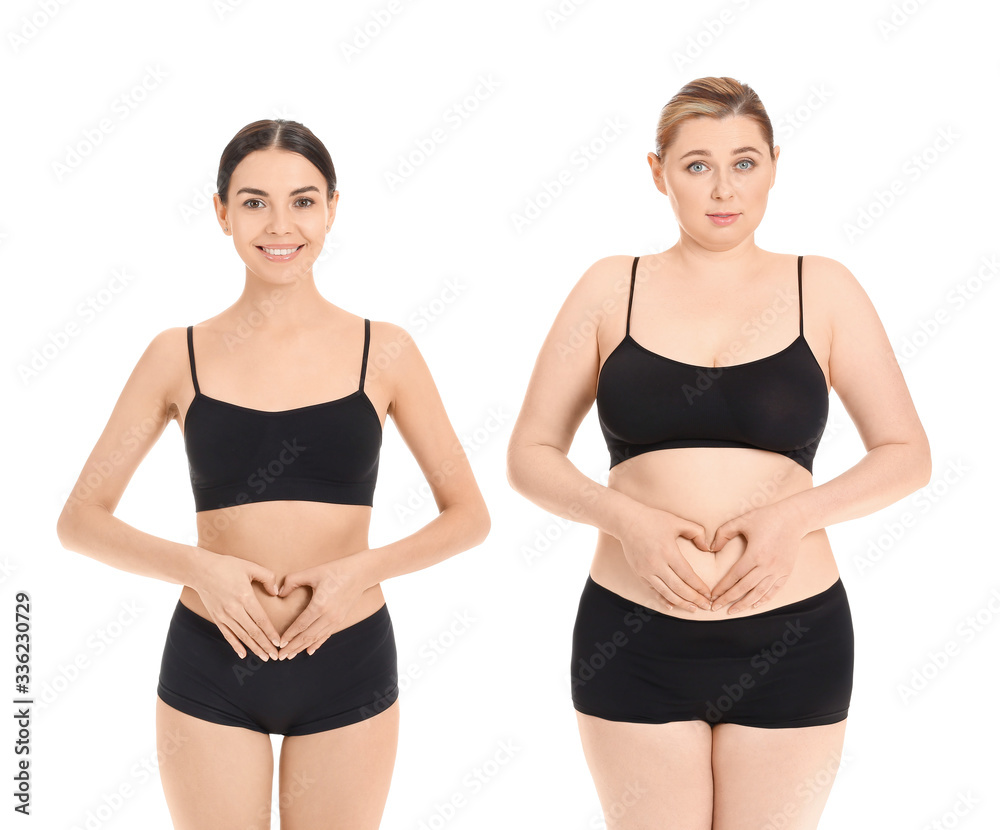 Slim and overweight women on white background. Weight loss concept Slim and overweight women on white background. Weight loss concept