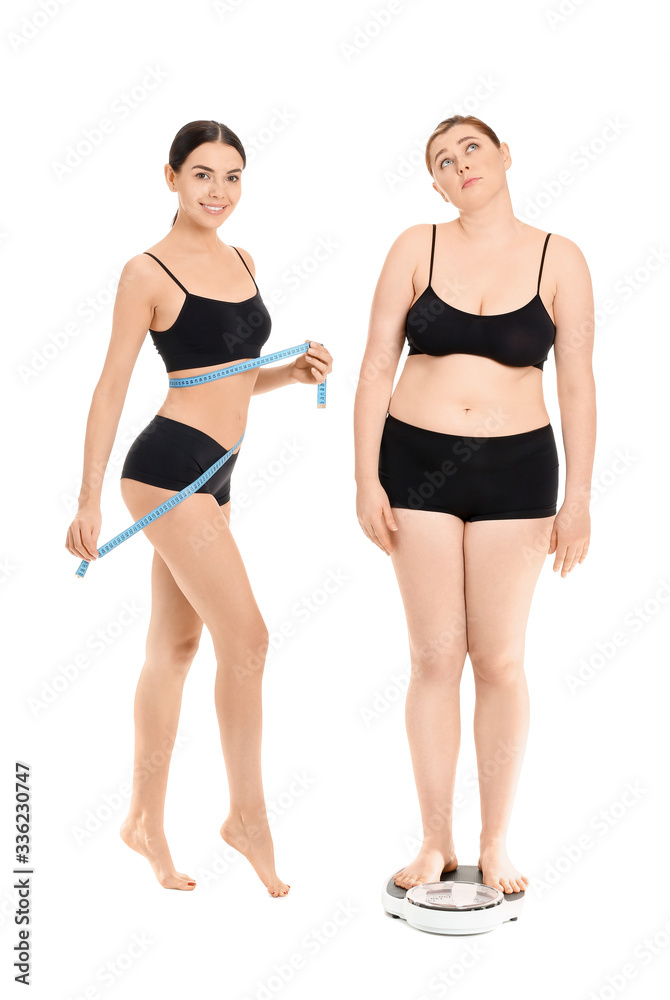 Slim and overweight women on white background. Weight loss concept Slim and overweight women on white background. Weight loss concept