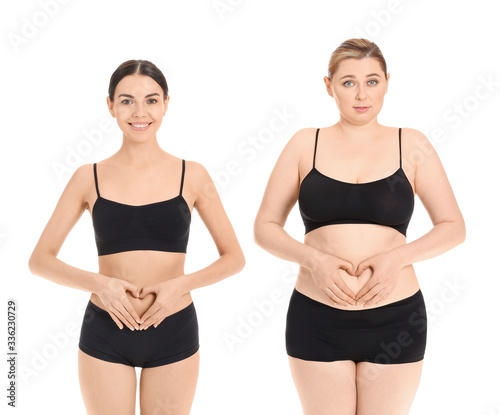 Slim and overweight women on white background. Weight loss concept