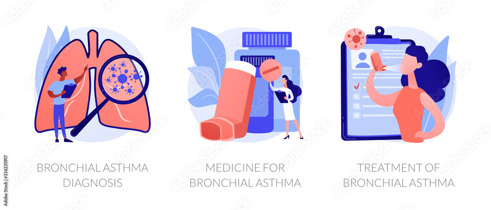 Respiratory system disease. Breathing problems. Airway disease. Cough treatment. Bronchial asthma diagnosis, medicine and treatment metaphors. Vector isolated concept metaphor illustrations