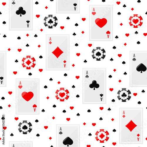 Ace playing cards and poker chips seamless pattern.