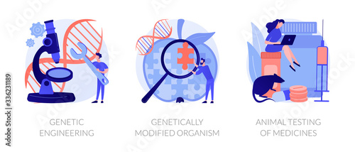 Gene manipulation. Genetic research. DNA recombination. Genetic engineering, GMO genetically modified organism, animal testing of medicines metaphors. Vector isolated concept metaphor illustrations