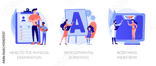 General health check up icons cartoon set. Head to toe physical examination, developmental screening, Body Mass Index BMI metaphors. Vector isolated concept metaphor illustrations.