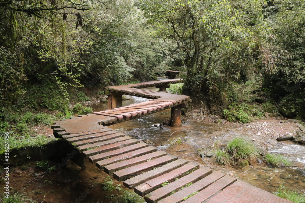 wooden bridge pathway a river in a mountain forest in Sichuan, China wooden bridge pathway a river in a mountain forest in Sichuan, China