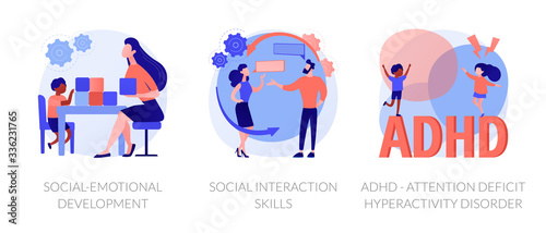 Child psychology icons set. Social-emotional development, social interaction skills, ADHD - attention deficit hyperactivity disorder metaphors. Vector isolated concept metaphor illustrations.