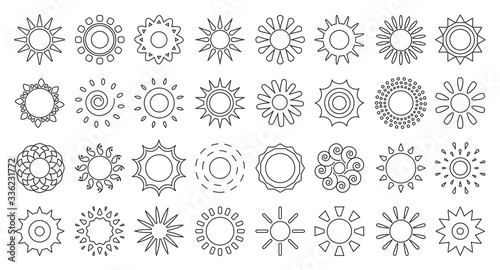 Black line sun icon set. Empty simple different shapes solar. Design logo element sunlight morning, weather, spring. Round pictogram sunny energy for web or app. Isolated on white vector illustration