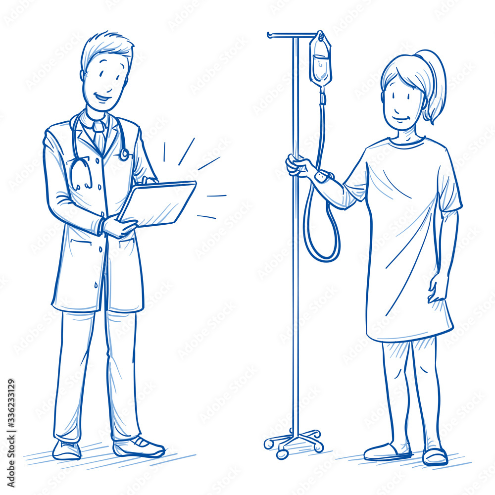 Happy patient, young woman, with hospital gown and drip and doctor giving  good news or results. Hand drawn blue outline line art cartoon vector  illustration. Stock Vector | Adobe Stock