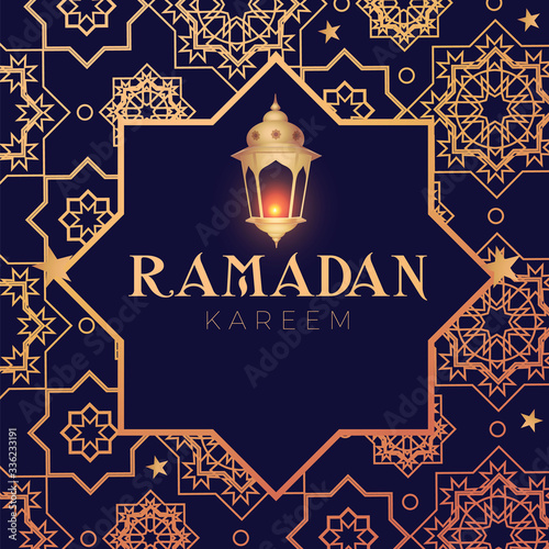 Ramadan Kareem Greeting. Islamic Holiday Design Template. Oriental Lantern with Light.