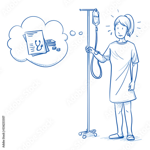 Patient, woman, with hospital gown and drip looking concerned about the treatment costs or health insurance. Hand drawn blue outline line art cartoon vector illustration.