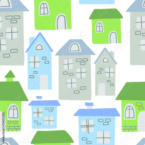 Seamless pattern with different houses. Stylized city landscape. Perfect for kids fabric, textile, nursery wallpaper. Vector illustration. City map. Flat style.
