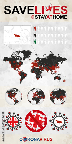 Infographic about Coronavirus in Georgia – Stay at Home, Save Lives. Georgia Flag and Map