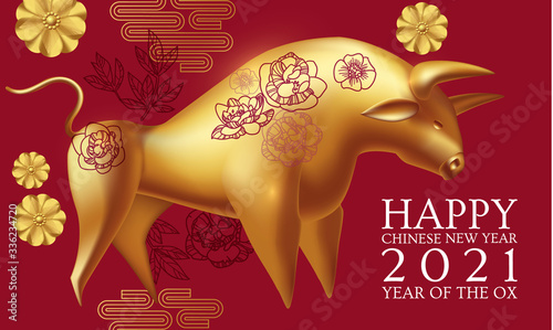 Happy Chinese new Year 2021 The year of the metal ox. Chinese traditional text means year of the ox . Holiday greetings with realistic 3D metal golden ox character.