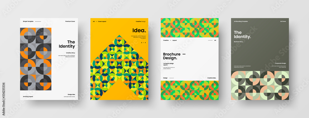 Fototapeta premium Company identity brochure template collection. Business presentation vector A4 vertical orientation front page mock up set. Corporate report cover abstract geometric illustration design layout bundle.