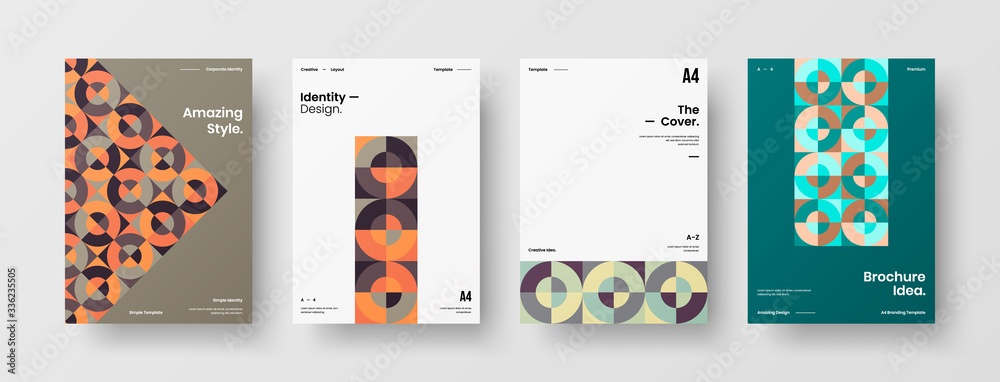 Fototapeta premium Company identity brochure template collection. Business presentation vector A4 vertical orientation front page mock up set. Corporate report cover abstract geometric illustration design layout bundle.