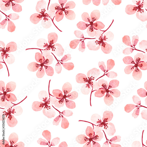 Watercolor seamless pattern with pink almond blossoms on a white background. Delicate oriental print for fabrics, wrapping paper and postcards. 