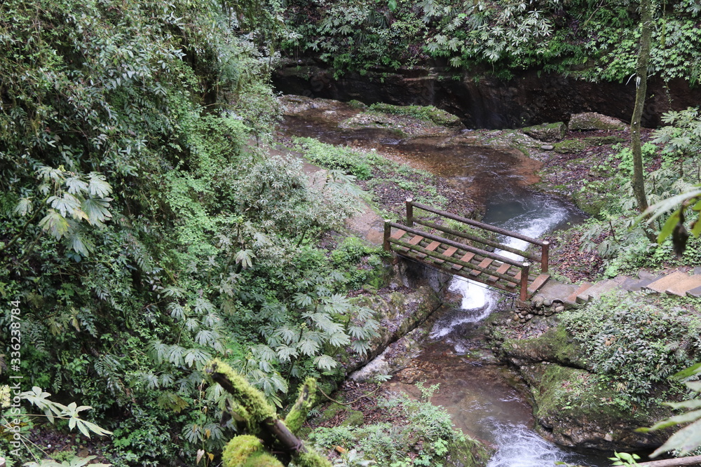  wooden bridge across a river in a mountain forest in Sichuan, China