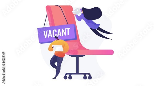 People applying for vacant job. Business competition, available vacancy advertisement, position application. Competing workers cartoon characters. 4K seamless loop video animation footage.
