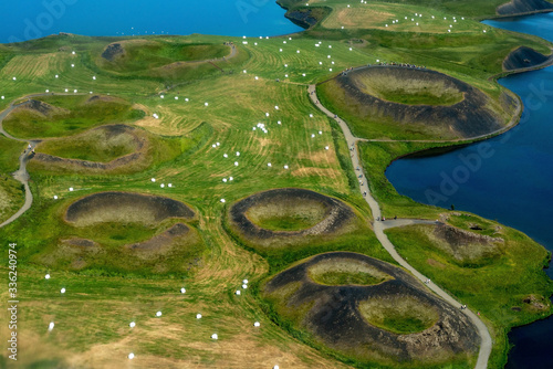 Volcanic craters in Iceland aerial view from above, Myvatn lake photo