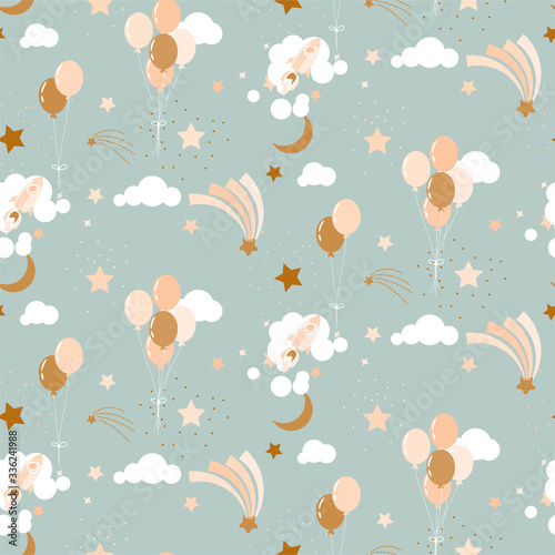 Cute baby pattern with balloons, clouds and rockets seamless vector pattern background neutral calm nursery colors.