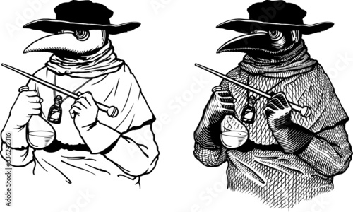 Black and white vector illustration of plague doctor engraving style