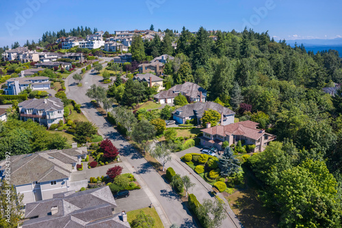 Aerial View of Residential Road Curving Along Hilltop near Bellevue, Washington