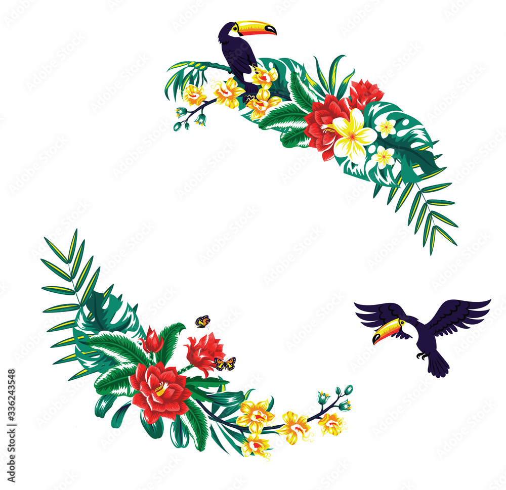 Fototapeta premium Summer tropical background frame with palm leaves and toucan. Vector floral background.