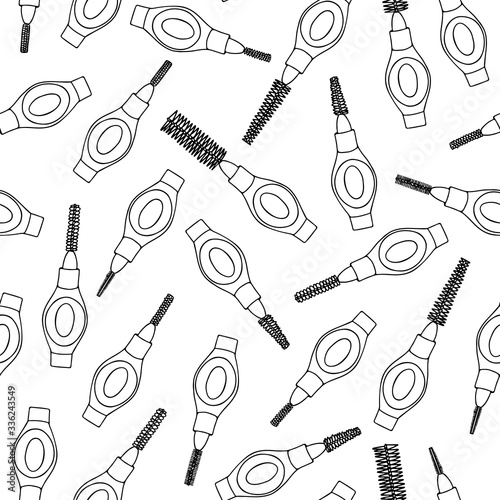Seamless pattern set interdental brush orthodontic braces personal products hygiene. Modern design paper  cover  fabric  decor  other users. Vector flat doodle realistic black outline white background
