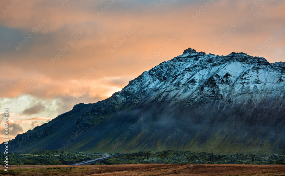 The Ring Road in Iceland Curves around the Snaefellsjokull Volcano at Sunset