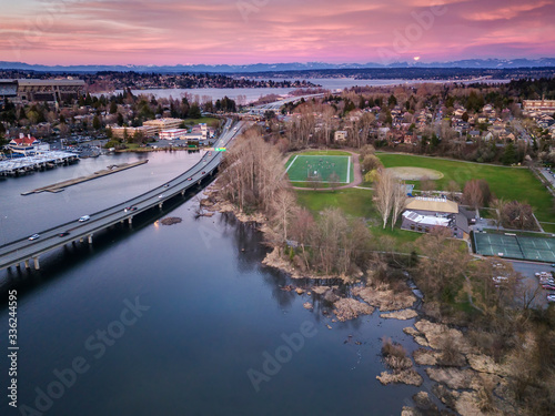 Aerial of Supermoon Rising over 520 Bridge and Lake Washington