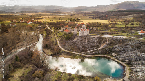 Aerial view of famous river Cetina spring near Kijevo in Dalmatia, Croatia. photo