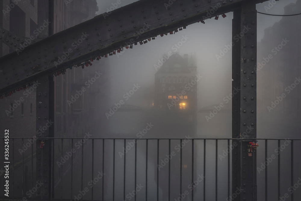 Germany, Hamburg, Wasserschloss shrouded in thick fog Germany, Hamburg, Wasserschloss shrouded in thick fog