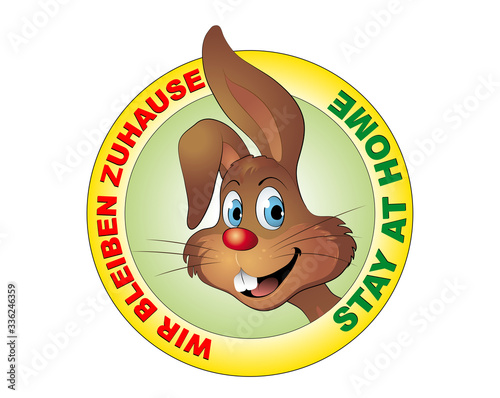 Siegel und Button „Wir bleiben Zuhause“ und „Stay at home“ zu Ostern,
Osterhase mit Bitte zu Hause zu bleiben,
Vektor Illustration isoliert auf weißem Hintergrund
