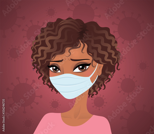 Portrait of an afro american with a mask. Red background with mask.